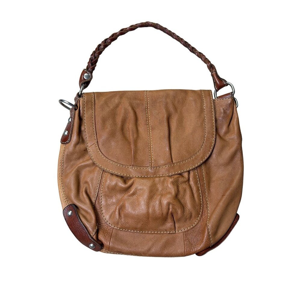 Fossil Brown Leather Boho Hobo Shoulder Bag With Braided Strap & Floral Interior